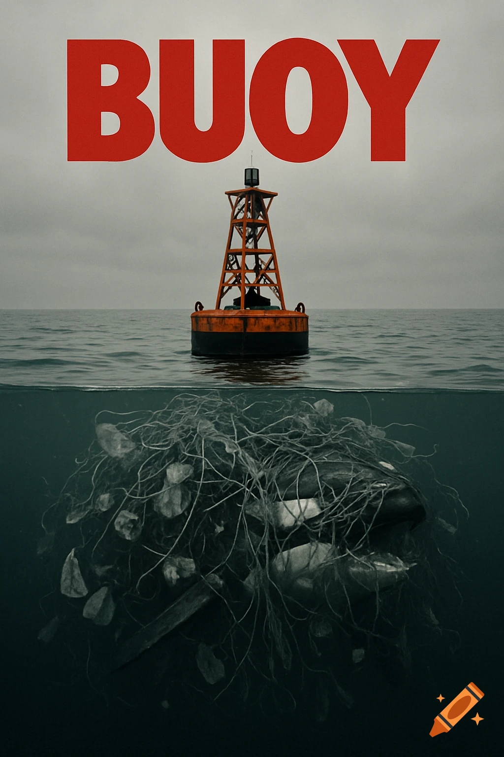 A movie poster for 'BUOY' with a red buoy in a misty ocean, and a trash-covered orca with its mouth open underwater.