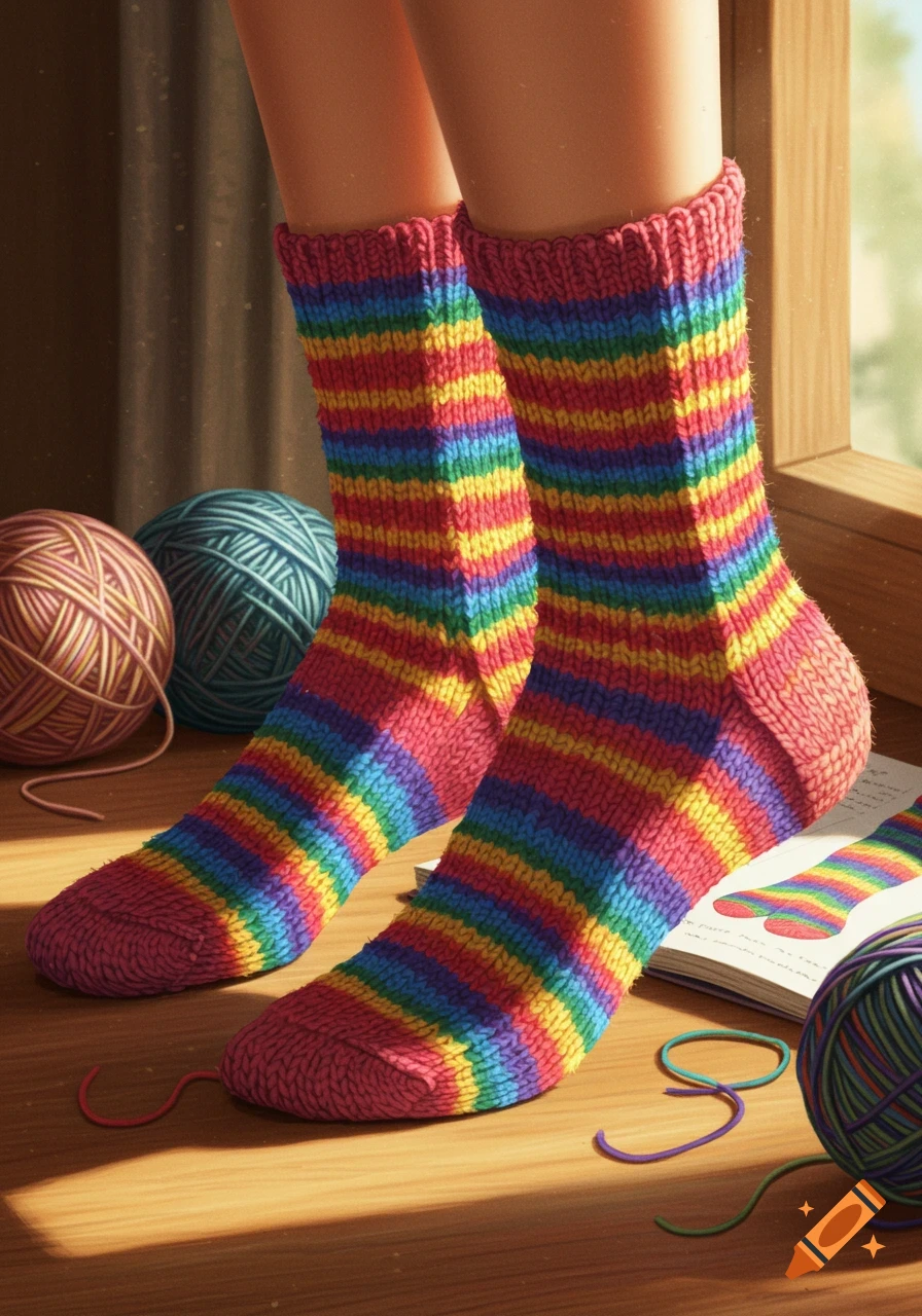 Legs wearing colorful rainbow-striped knitted socks. Yarn balls and threads rest on a wooden floor by a window. Photorealistic.