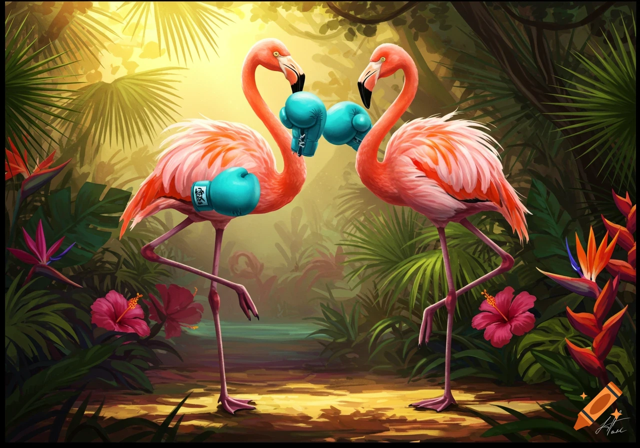 Two pink flamingos wearing blue boxing gloves stand facing each other in a lush, sunny tropical jungle. Illustrated.