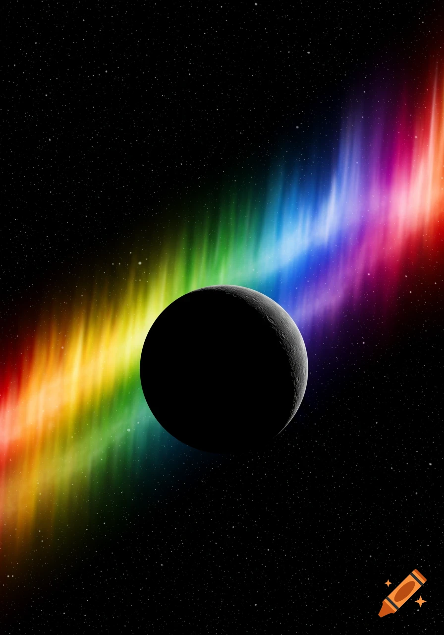 A dark moon against a black starry space background, with a bright, colorful rainbow aurora diagonally across the scene.