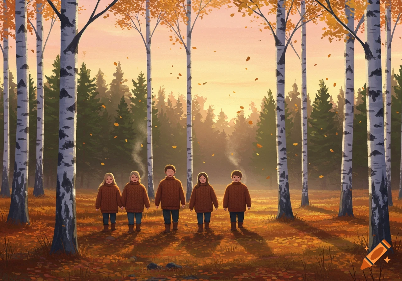 Five children in sweaters walk through a vibrant autumn forest with tall birch trees and falling leaves at sunset.