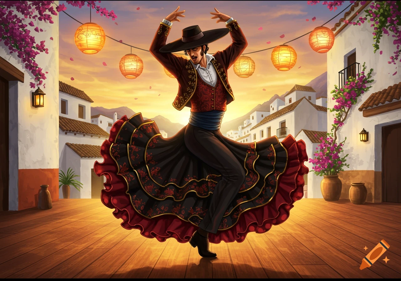 An illustrative male Spanish flamenco dancer in traditional costume, arms raised, skirt flowing, performing in a vibrant town at sunset.