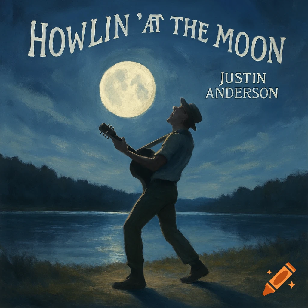 A painterly album cover depicts a man playing acoustic guitar by a moonlit lake under the title 'Howlin' at the Moon'.