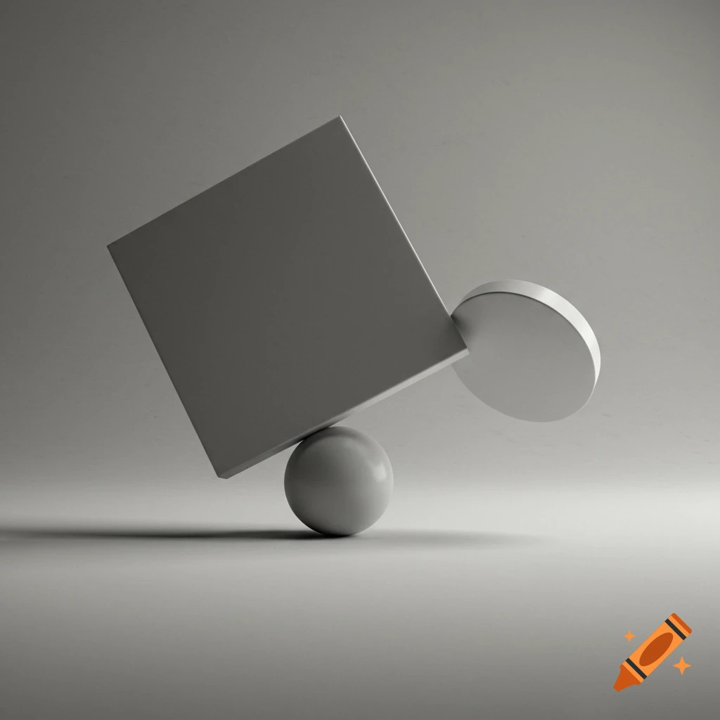 A white cube balances on a sphere, with a disk attached to its right side, against a gray background.