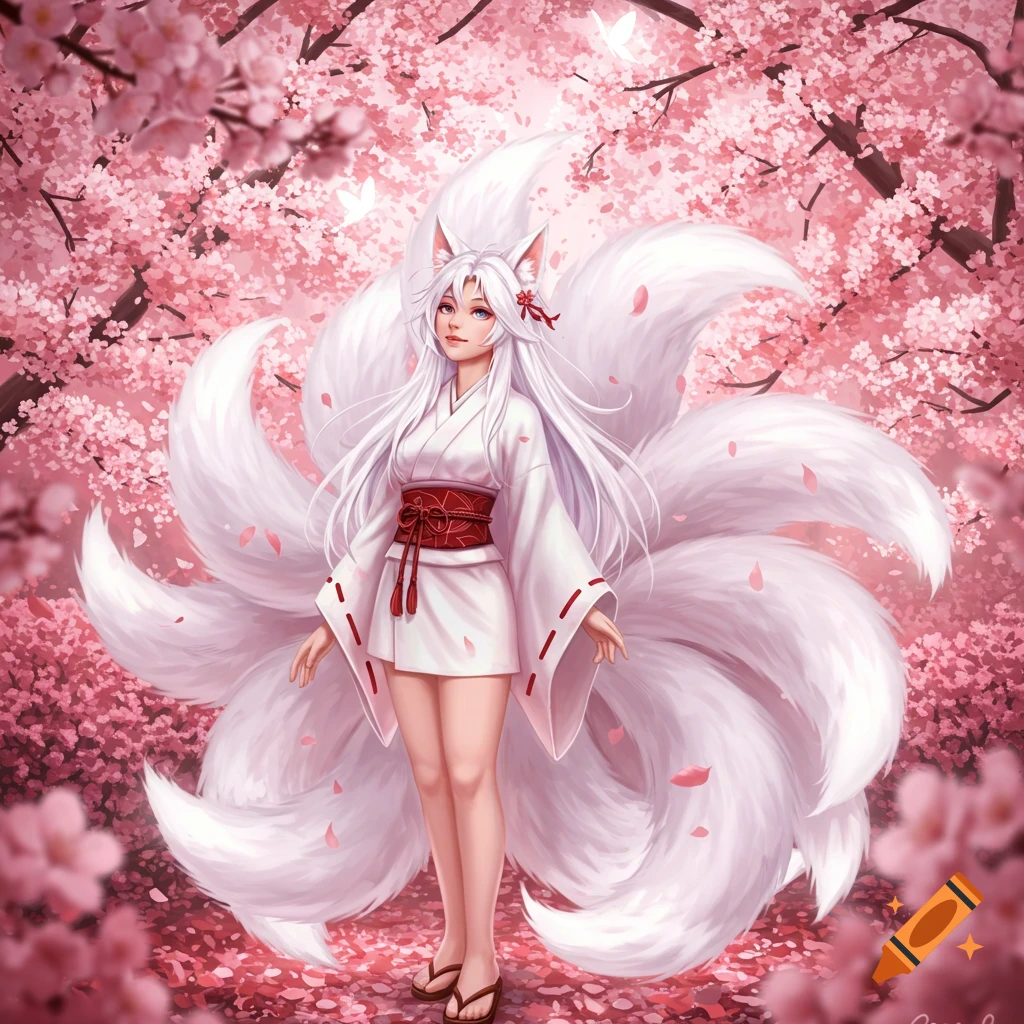 Anime-style kitsune girl with white hair and multiple fluffy tails in a white and red kimono, surrounded by pink cherry blossoms.