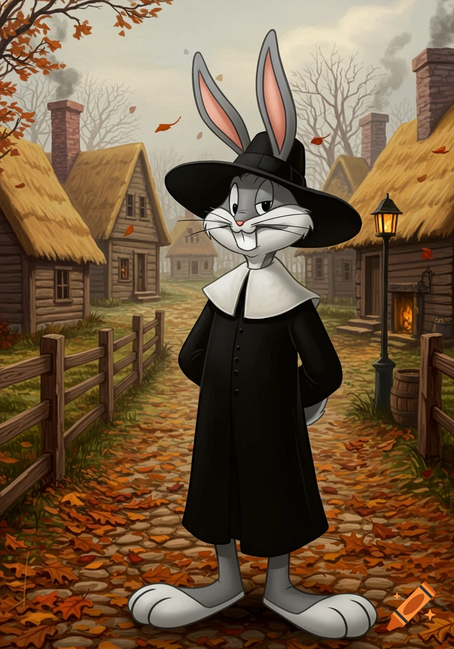 Bugs Bunny, dressed as a Puritan minister, stands on a leaf-covered cobblestone path in a colonial village.