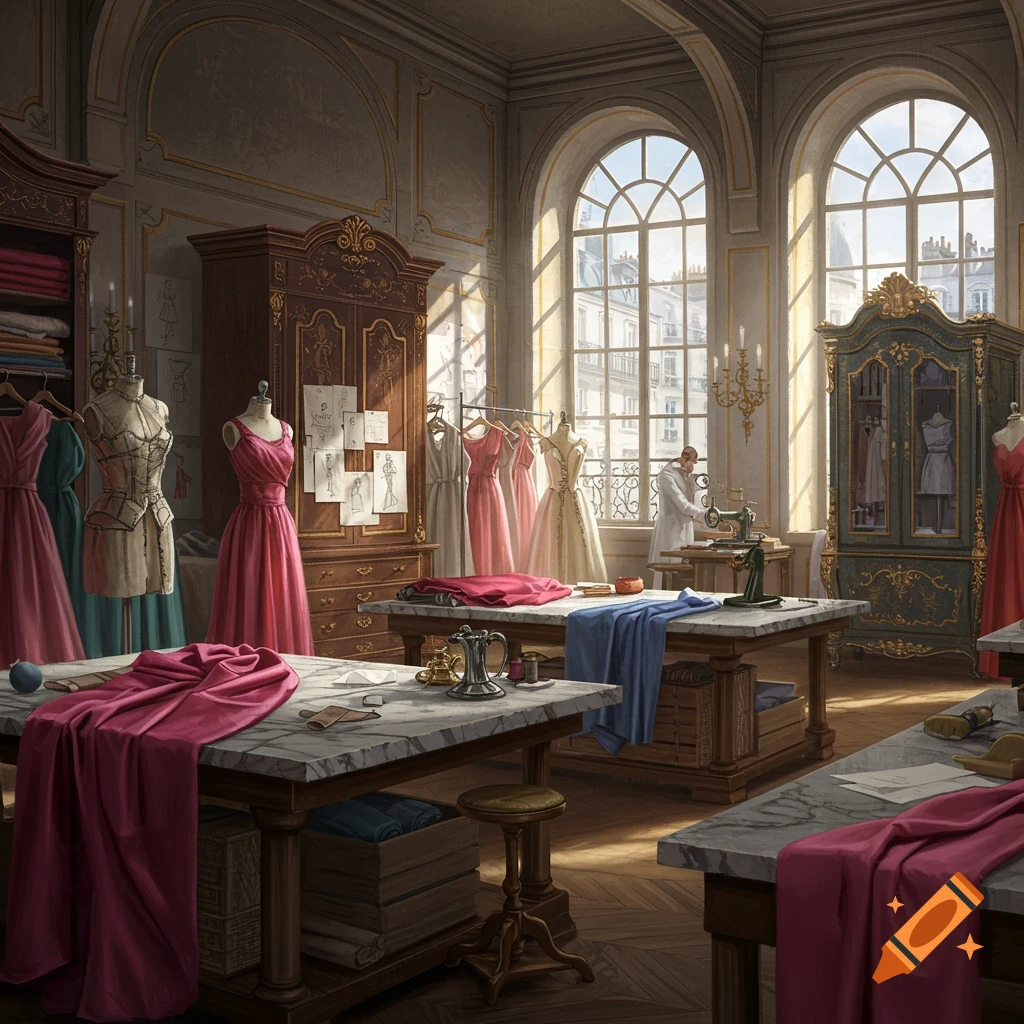 An elegant, sunlit fashion atelier with mannequins, draped fabrics on large work tables, and a person sewing near arched windows.