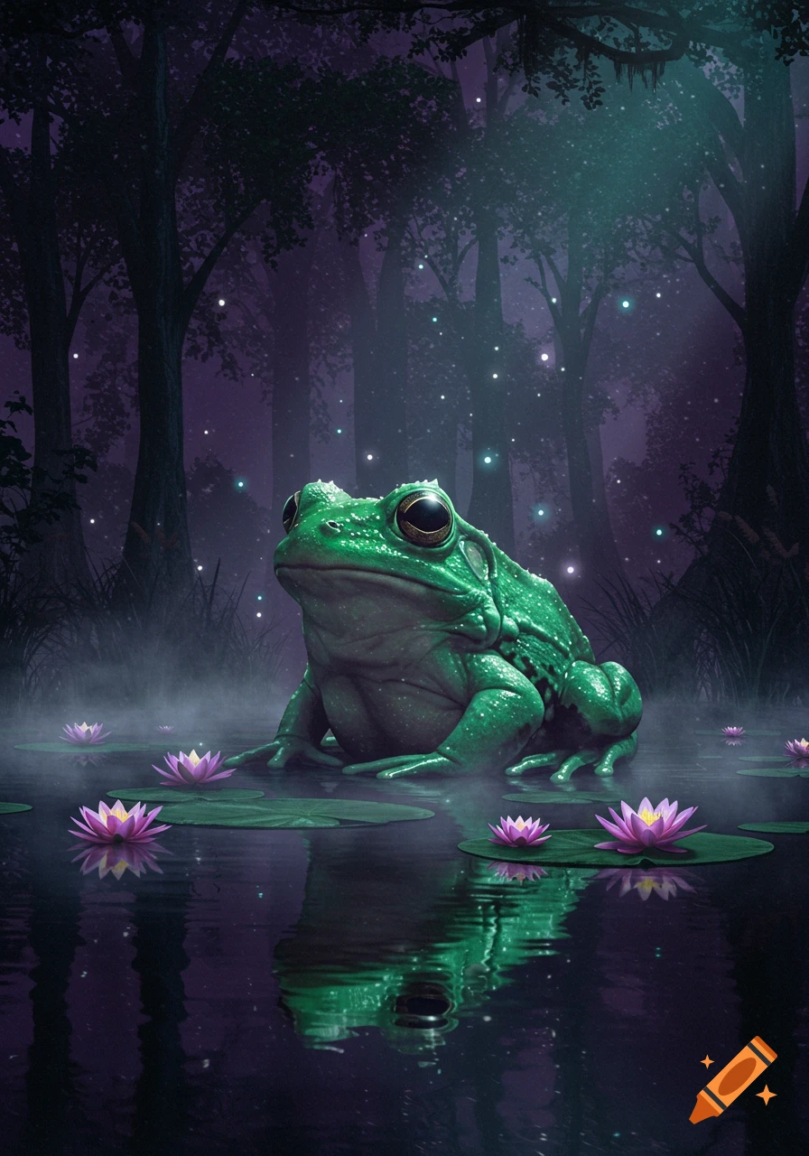 A large green frog sits on a lily pad in a dark, misty forest pond with glowing fireflies and pink water lilies. Photorealistic fantasy art.