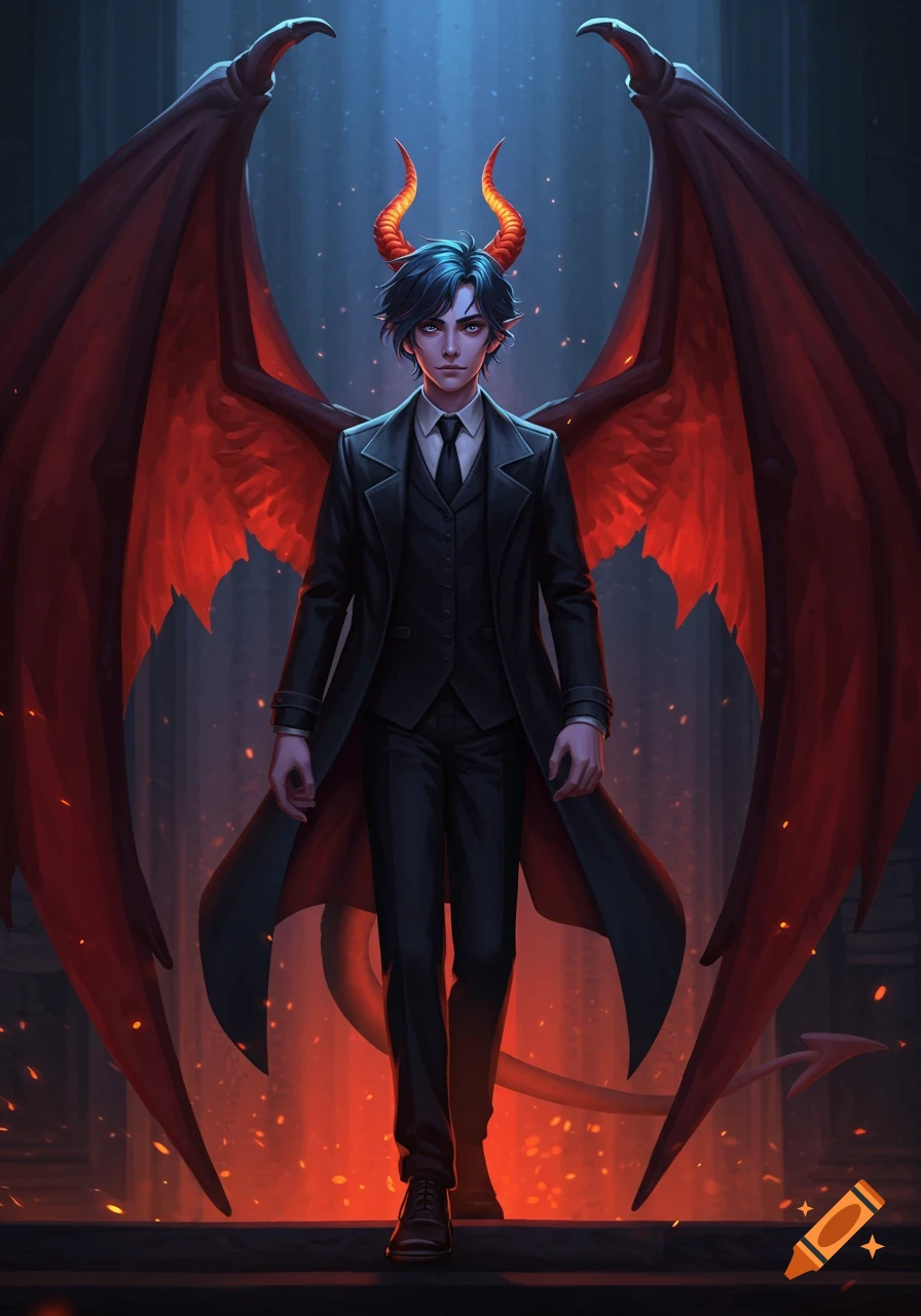 Anime-style digital art of a demon boy in a black suit with red wings, horns, and a tail, standing above a fiery abyss.