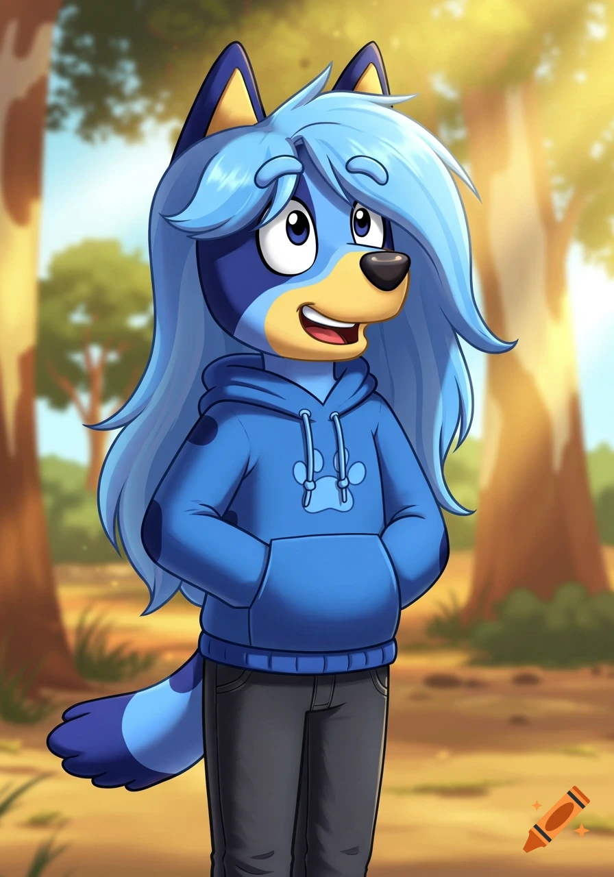 A smiling blue anthropomorphic dog character with long light blue hair, wearing a blue hoodie and jeans, standing in a cartoon forest.
