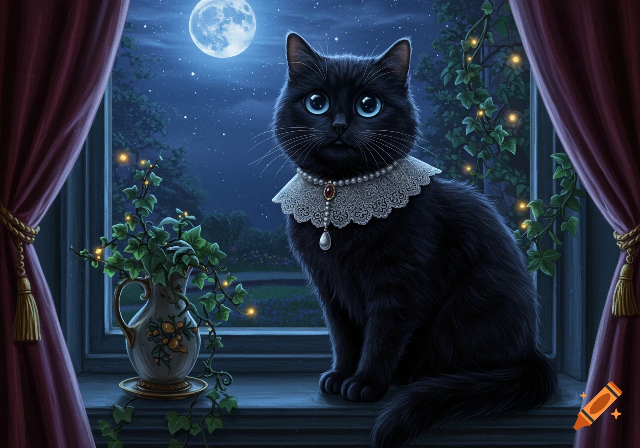 A black cat with big blue eyes and an ornate lace collar sits on a window sill, gazing at a large full moon in a starry night sky.