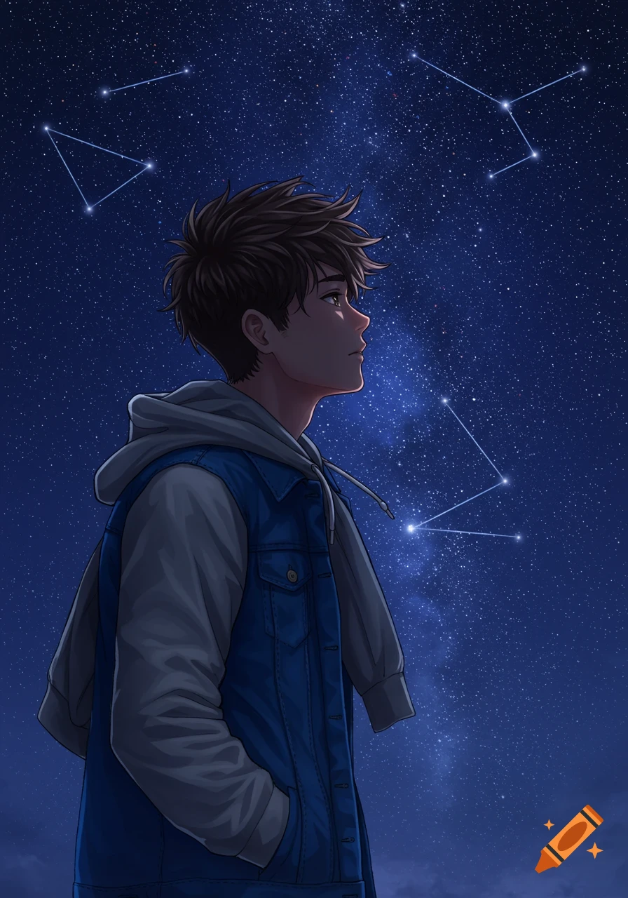 Anime style young man in a denim jacket and grey hoodie looks up at a starry night sky with constellations.