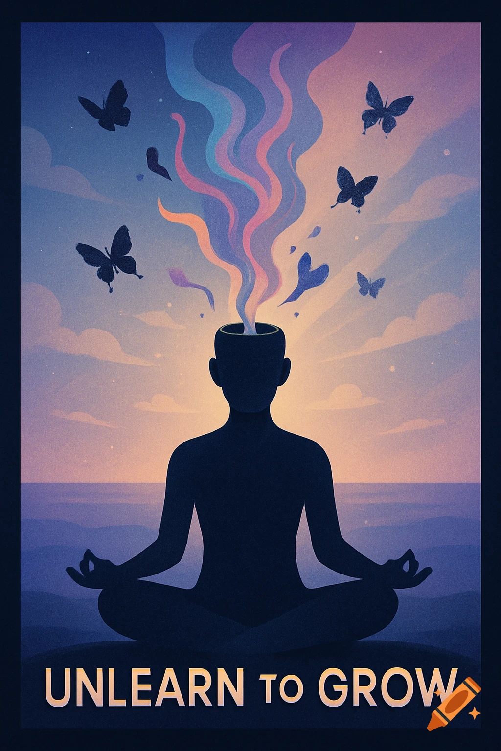 A silhouette meditating as colorful smoke and butterflies rise from their head, against a sunset sky. Text: UNLEARN TO GROW.