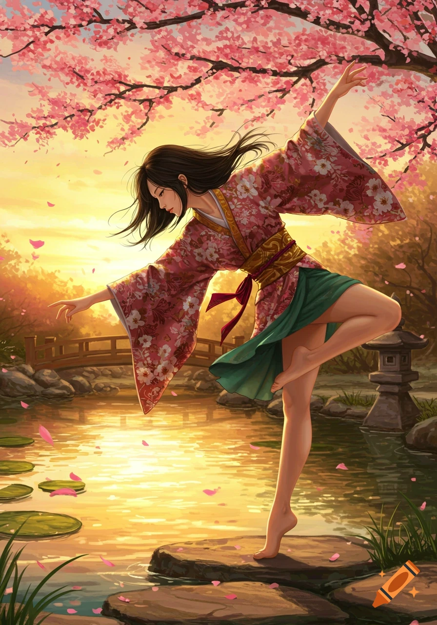 A young Asian woman in a floral kimono balances by a pond under cherry blossoms at sunset, digital painting.