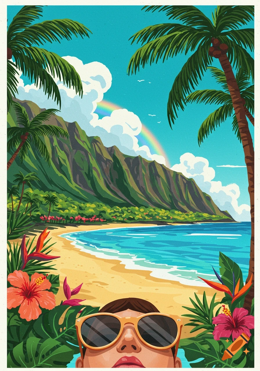 A vibrant, stylized illustration of a tropical beach with palm trees, lush mountains, a rainbow, and a person wearing sunglasses at the bottom.