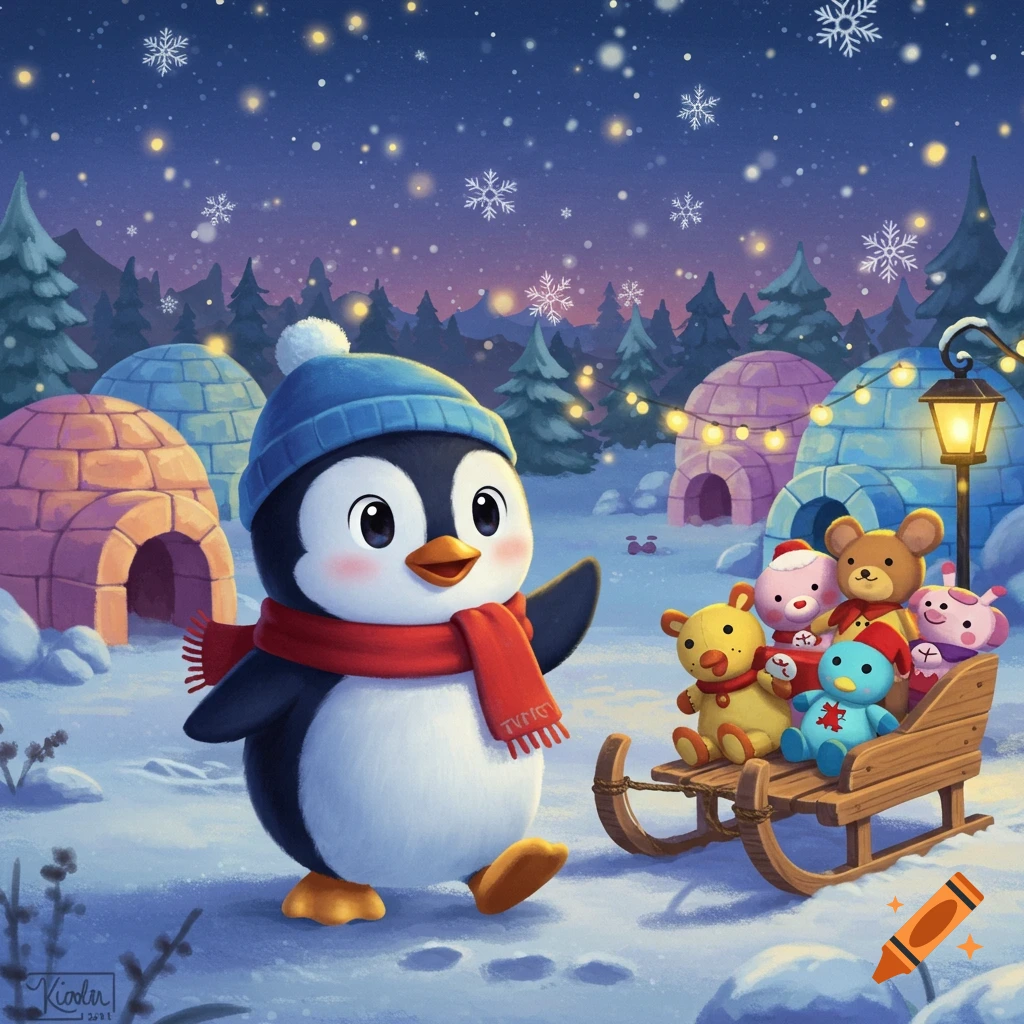 A cute cartoon penguin in a blue hat and red scarf pulls a sleigh with plush toys through a snowy arctic scene with igloos and falling snow at night.