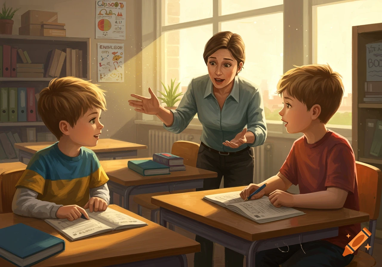 An illustration of a female teacher talking to two young boys in a sunlit classroom, who are sitting at desks with books.