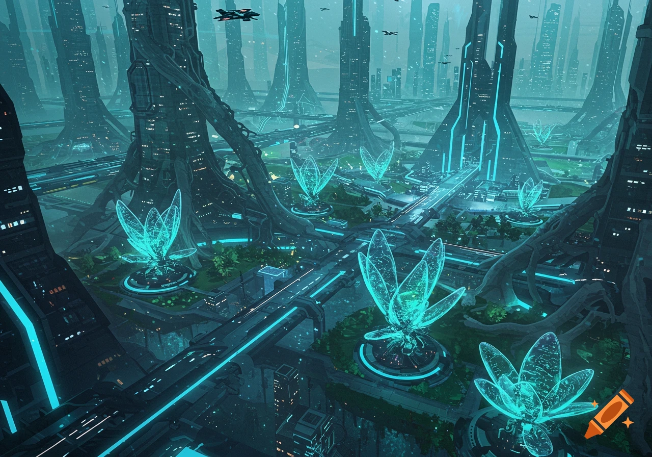A dark futuristic city with organic towering buildings, glowing blue lines, translucent lotus-like plants, and flying vehicles.
