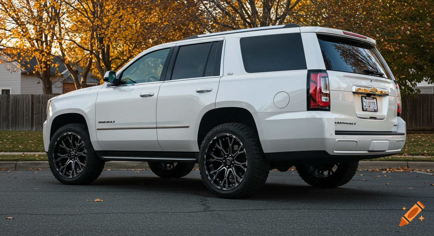 A white SUV with black and milled snowflake wheels and off-road tires is parked on an asphalt road during autumn.
