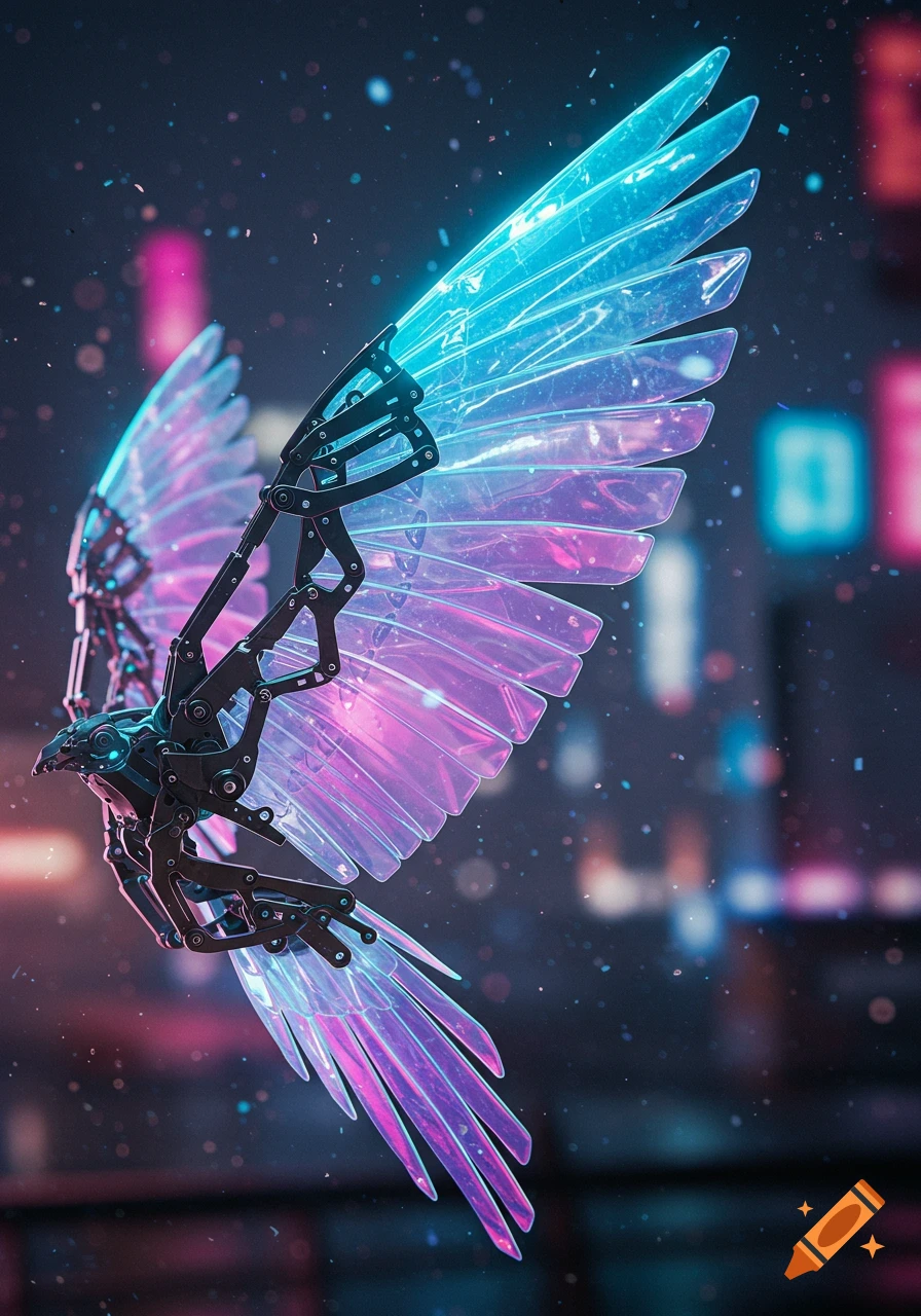A detailed mechanical bird with glowing blue and purple holographic wings and a black metal frame, against a blurry cyberpunk city background.