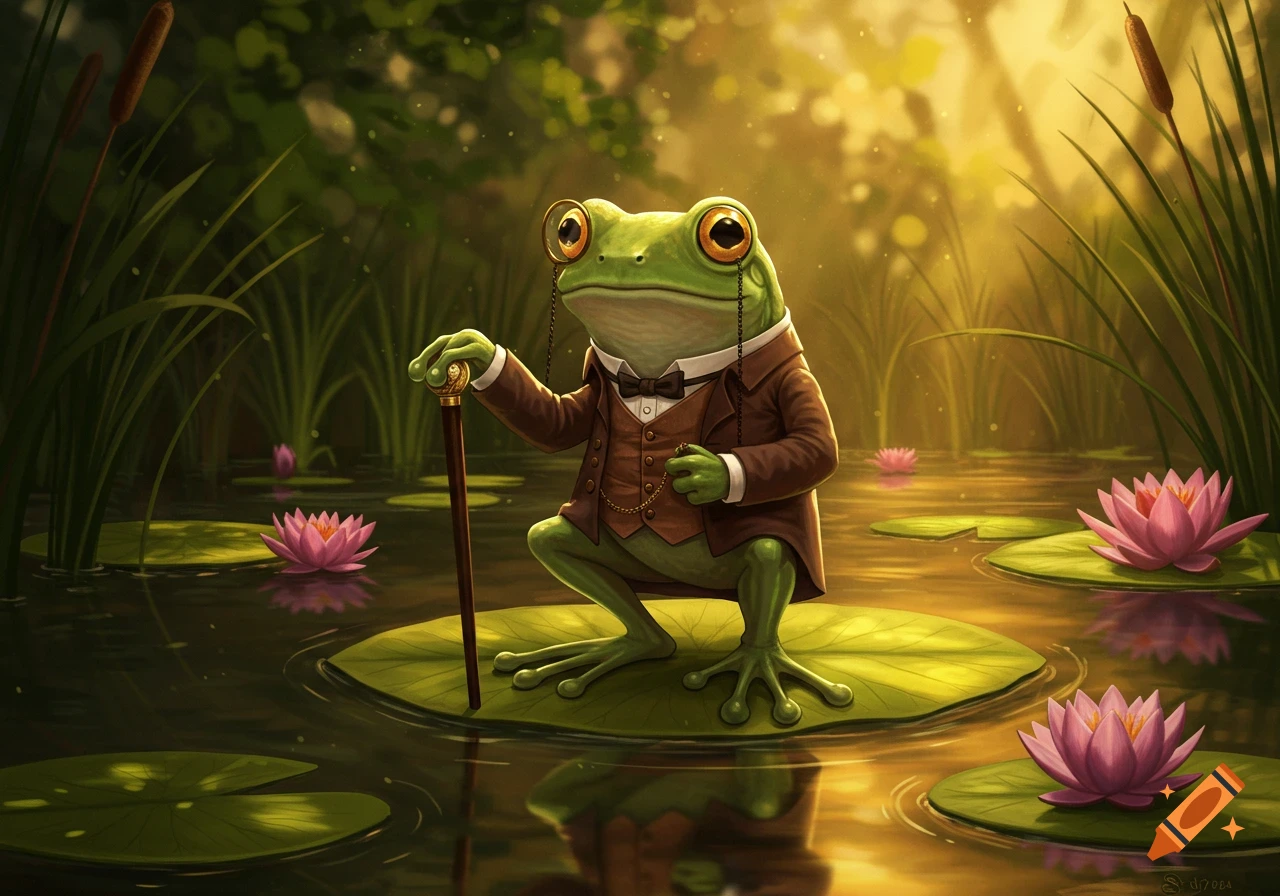 A dapper frog in a brown suit and monocle stands on a lily pad, holding a cane in a sunlit pond with pink water lilies.