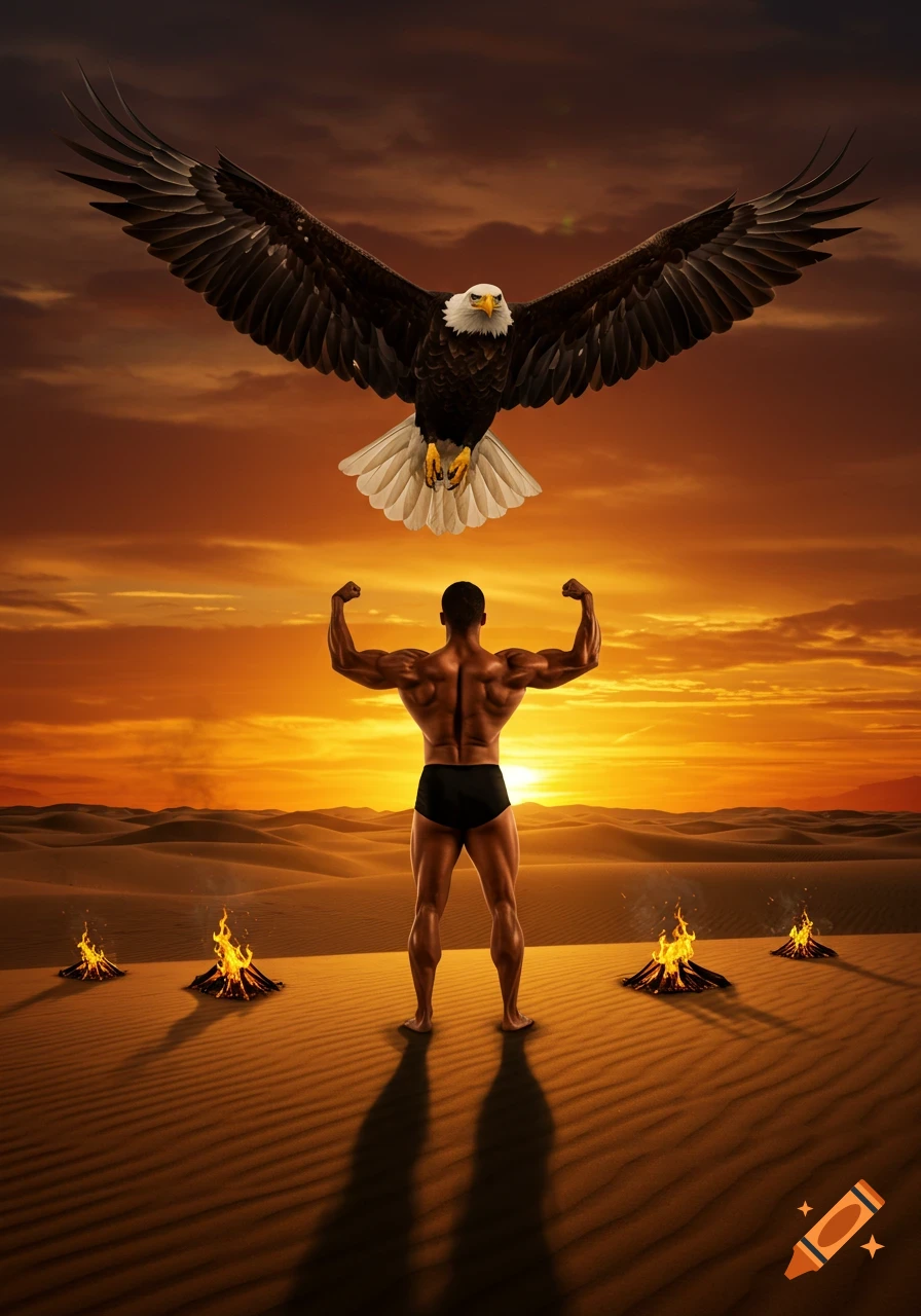 A muscular, bald man in briefs poses with flexed arms, back to the viewer, in a desert at sunset, an eagle flying above, and small fires on the sand.