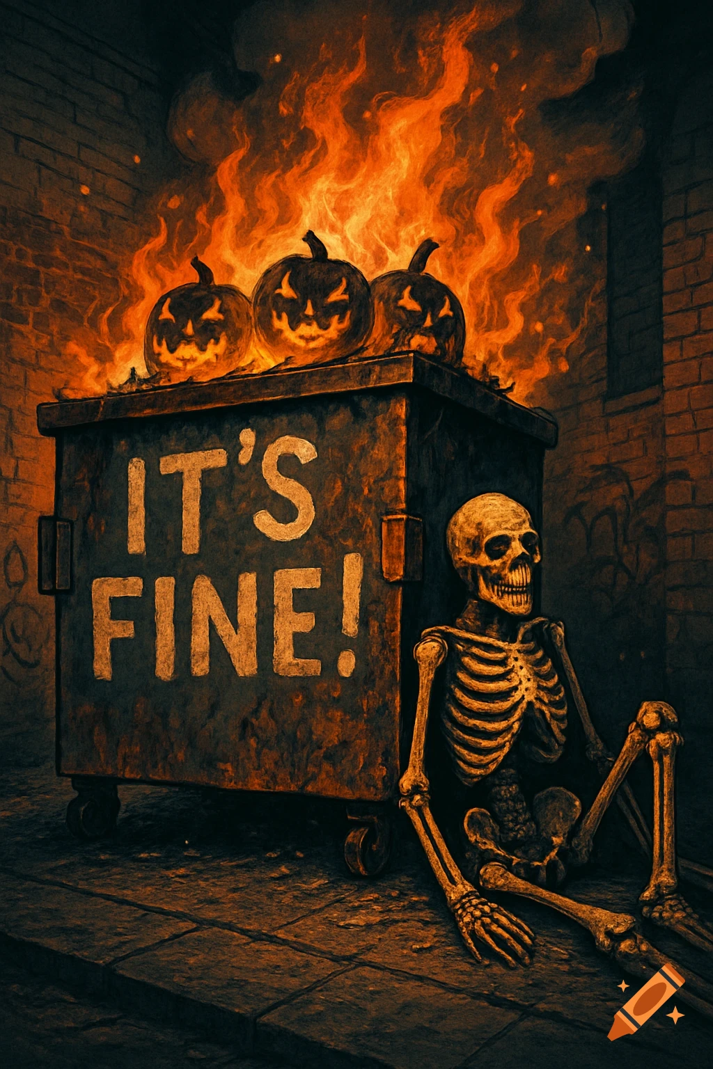 A stylized image of a dumpster on fire with jack-o'-lanterns, labeled "IT'S FINE!", and a skeleton slumped next to it in a dark alley.