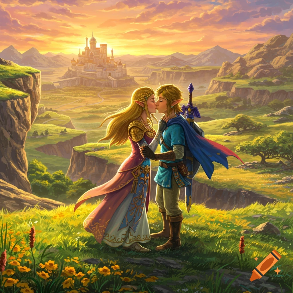 Link and Zelda kiss on a grassy cliff overlooking Hyrule Castle and mountains at sunset, in a vibrant fantasy illustration.