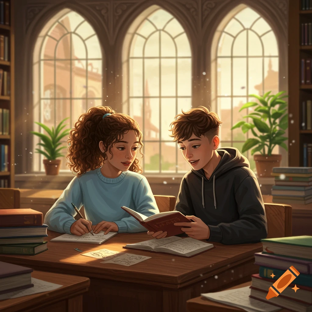 Two young students, a girl and a boy, study at a wooden desk with books in a grand library with large arched windows.