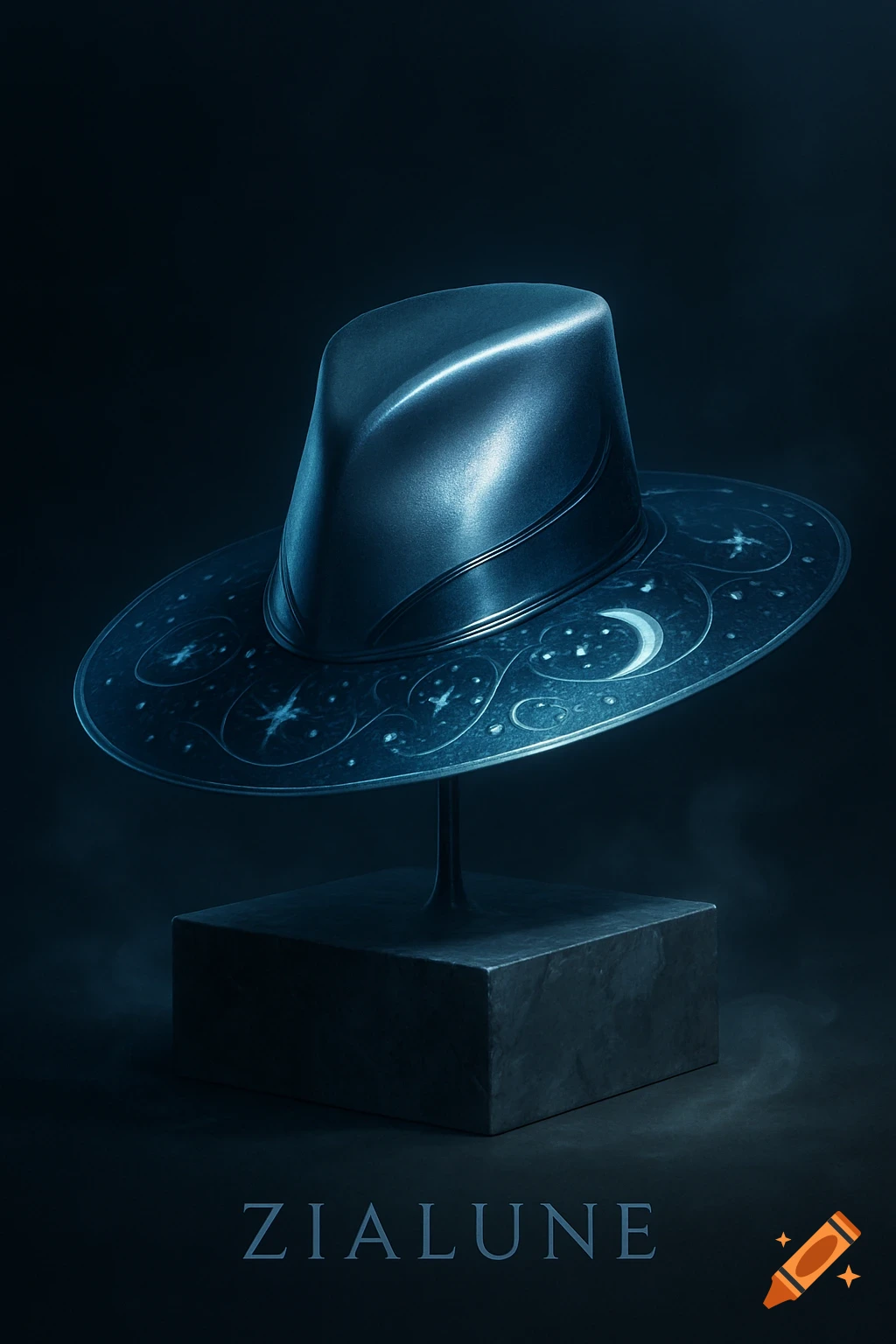 A dark metallic blue fedora-style hat with celestial patterns on the brim, on a stand in a dim setting. Text reads 'ZIALUNE'.