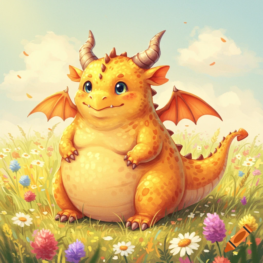 A cute, plump, yellow dragon with orange wings and horns smiles in a field of colorful wildflowers under a blue sky.