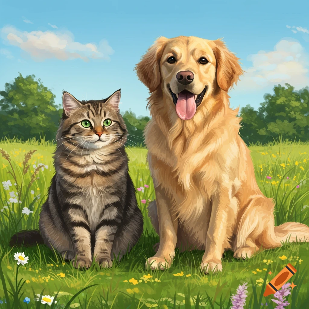 A brown tabby cat and a golden retriever dog sit in a sunny green field with wildflowers under a blue sky, in a painterly style.