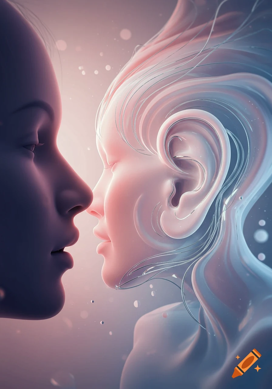 Abstract digital art of two stylized faces in profile, one dark, one luminous with swirling forms, facing each other with ethereal particles.
