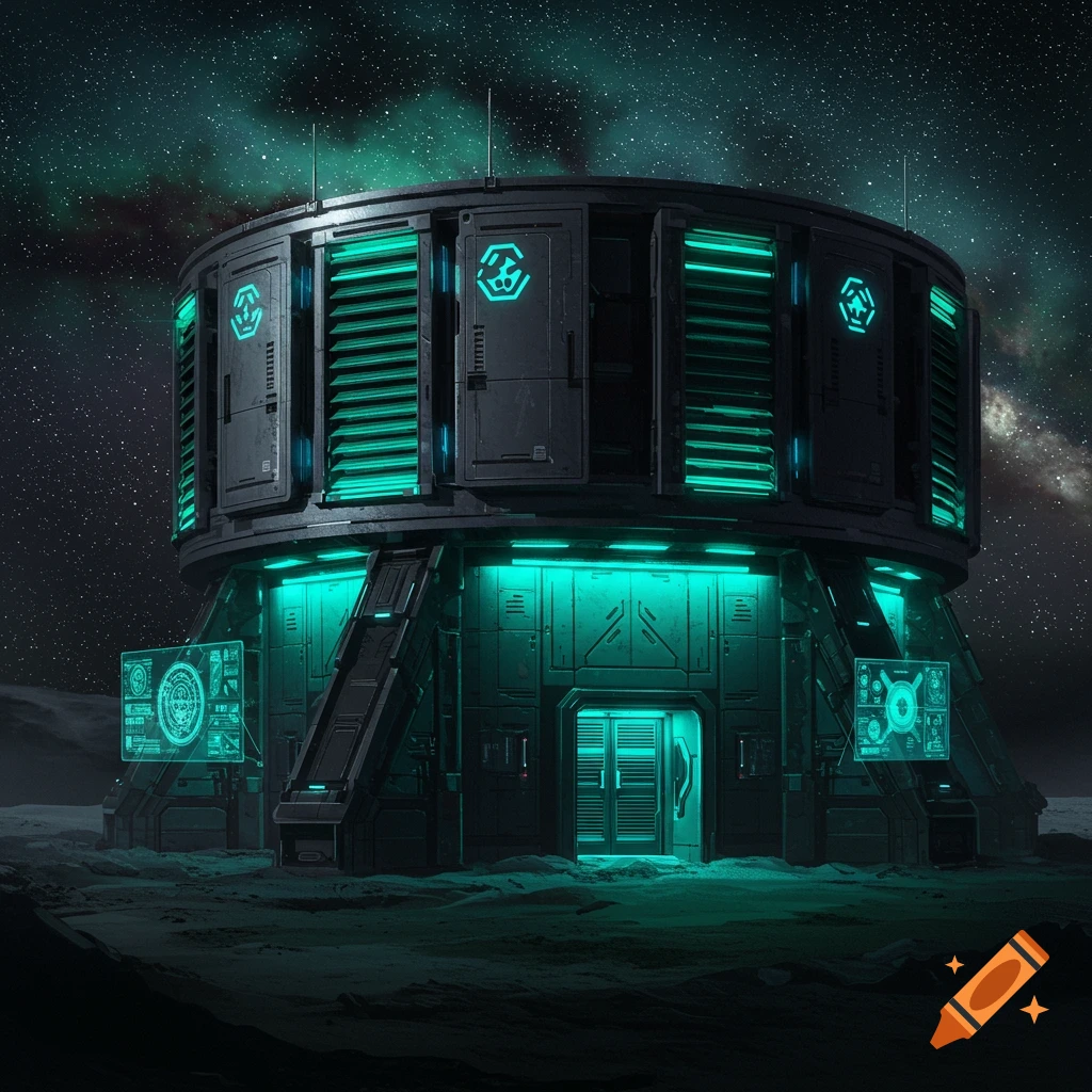 A round, dark grey, futuristic building with vibrant teal glowing lights sits on a desolate, moon-like alien planet under a starry night sky with a nebula.