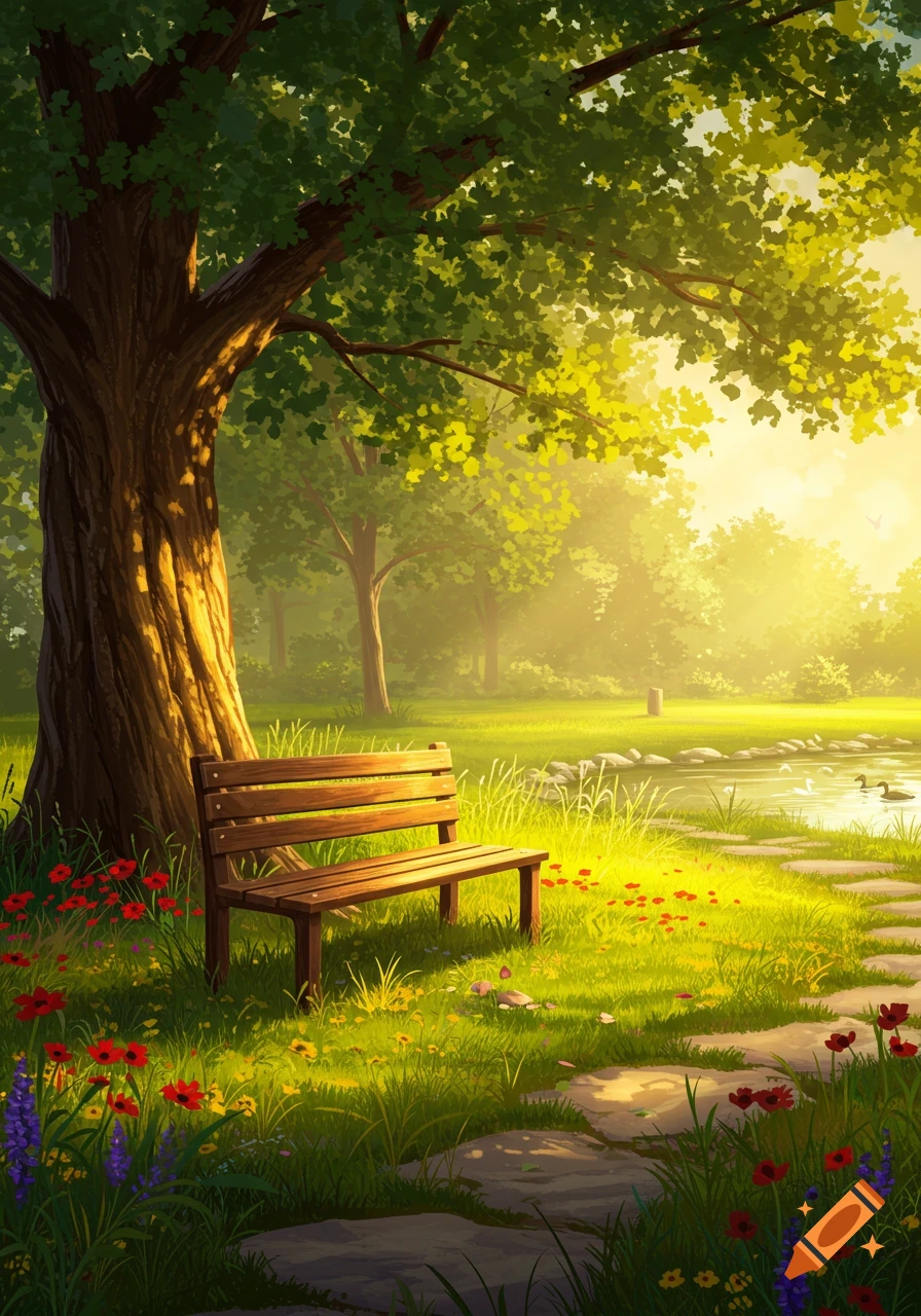 Vibrant illustration of a wooden bench under a large tree in a sunlit park with a pond, ducks, and colorful flowers.
