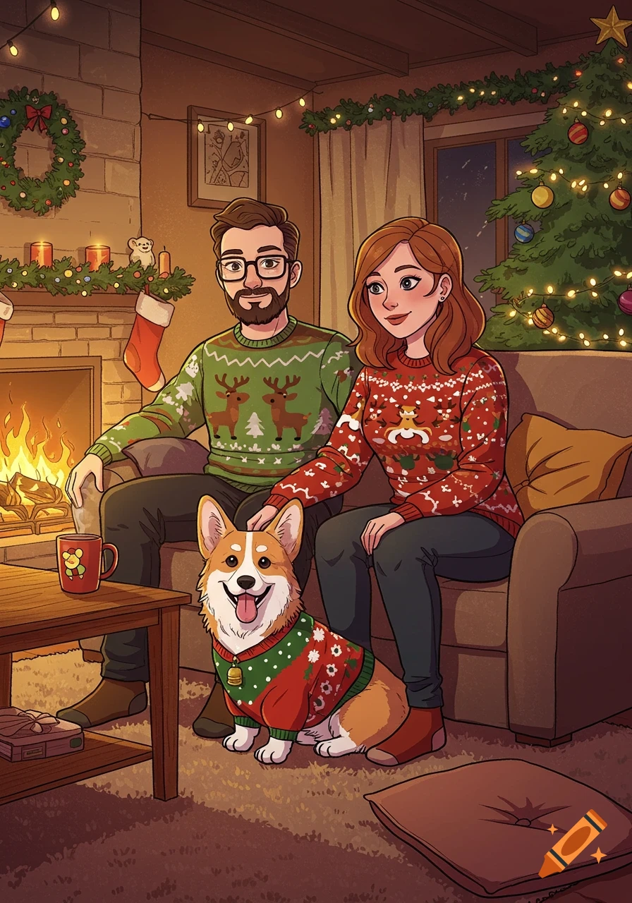 Comic art of a man, woman, and Corgi in Christmas sweaters by a fireplace and Christmas tree.