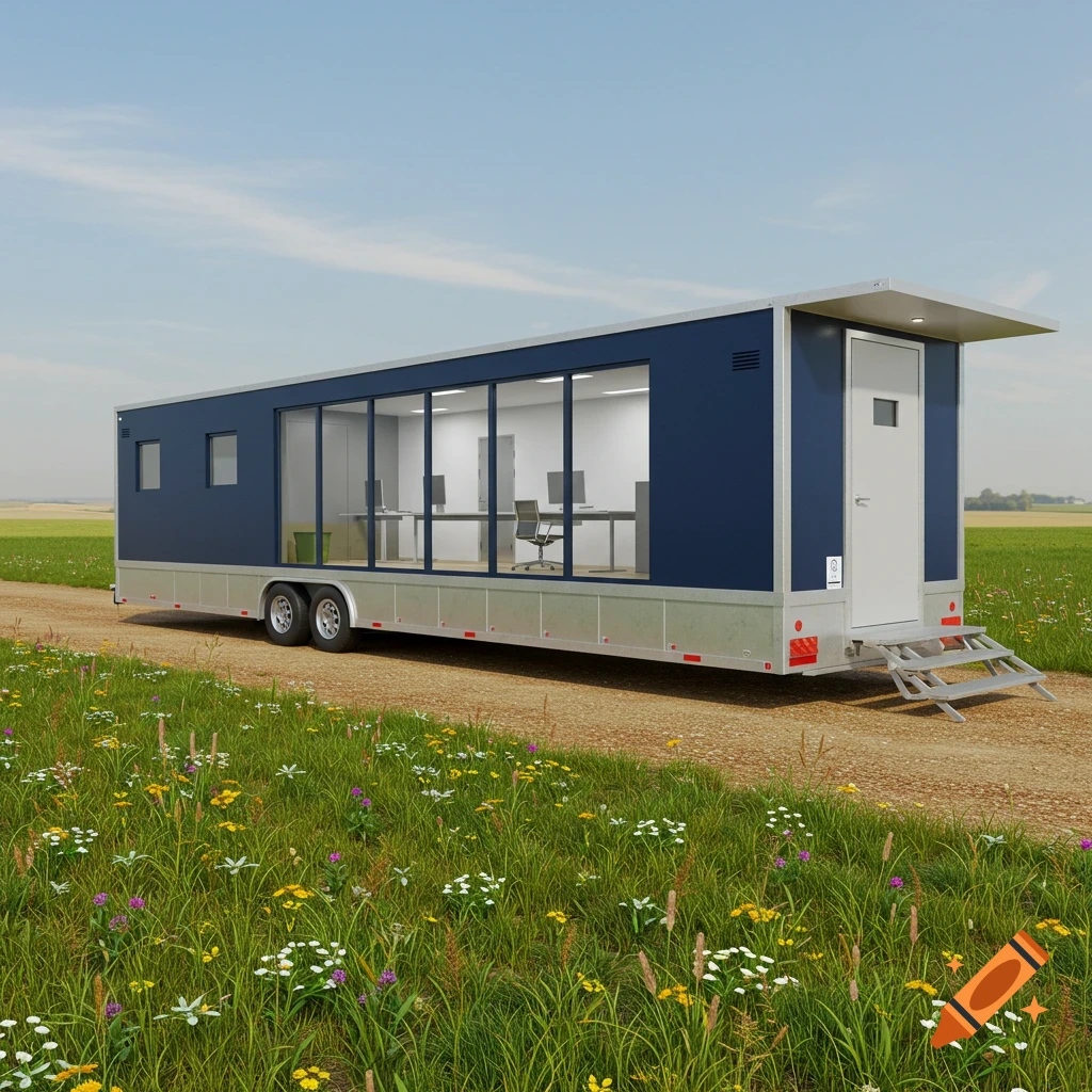 A photorealistic blue and silver mobile office trailer with large windows, external stairs, on a dirt road in a wildflower field.