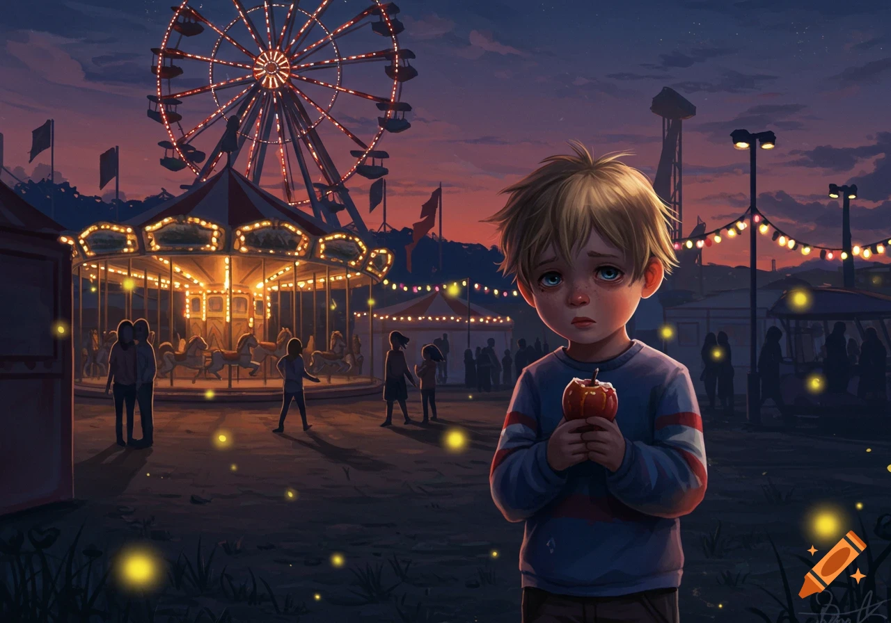 A sad blonde boy holds a red apple at a vibrant digital art carnival with a ferris wheel, carousel, and glowing fireflies at dusk.