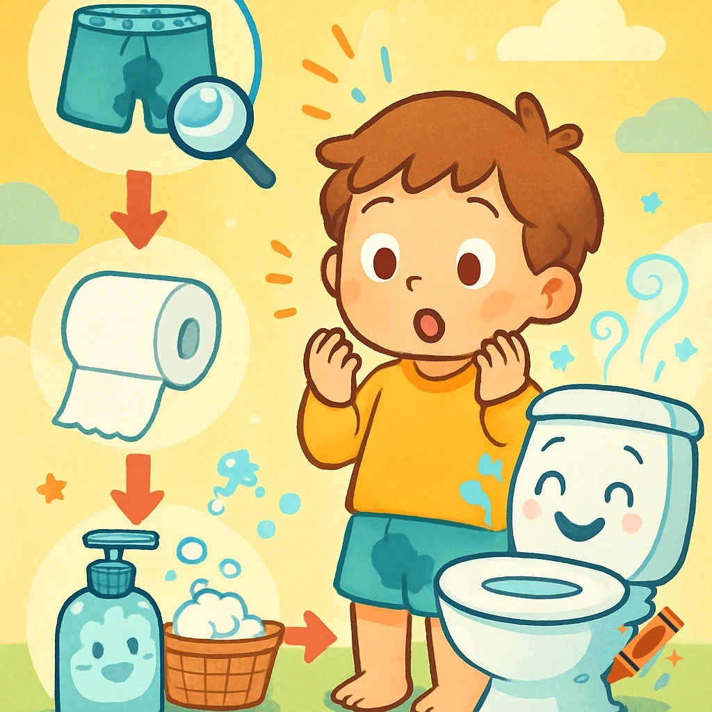 Cartoon illustration of a child having a potty accident, showing steps for cleanup with toilet paper and soap next to a smiling toilet.