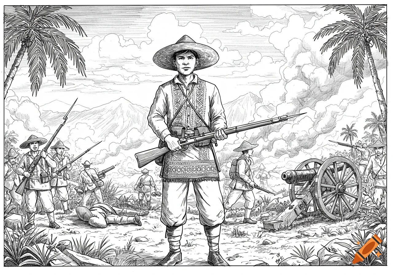 Black and white line art depicting Filipino soldiers in a historical battle scene with a cannon and palm trees.