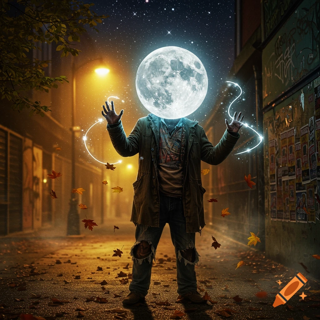A person with a glowing full moon for a head stands in a dark, leaf-strewn alley, emanating magical energy.