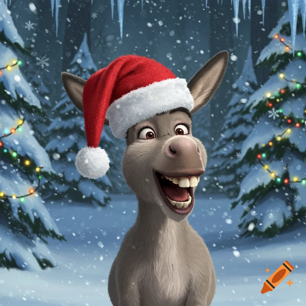 Donkey from Shrek wearing a Santa hat, smiling in a snowy Christmas forest with decorated trees, cartoon style.