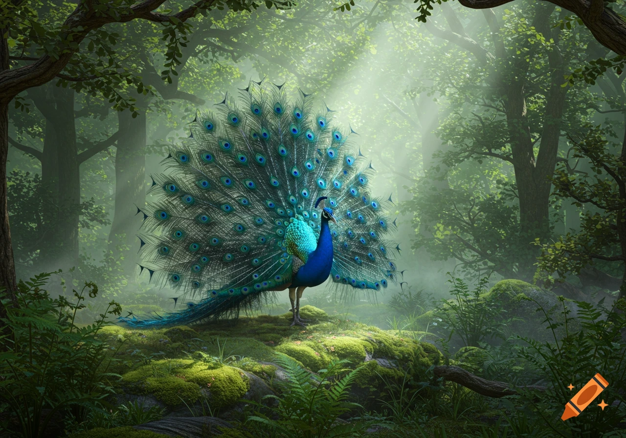 A majestic peacock with its vibrant tail fanned out stands on a mossy forest floor, with sunbeams filtering through the trees.