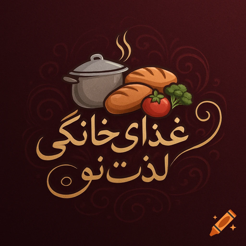 Stylized logo featuring a cooking pot, bread, tomato, and broccoli with Persian text on a dark red background.