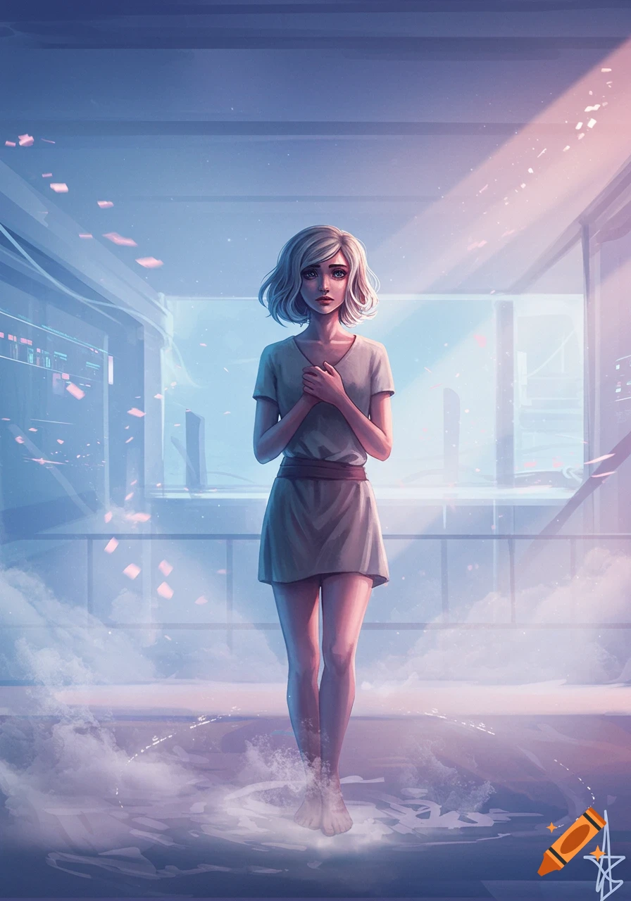 Digital painting of a pale woman with short blonde hair in a simple dress, standing in shallow water with light streaming down.