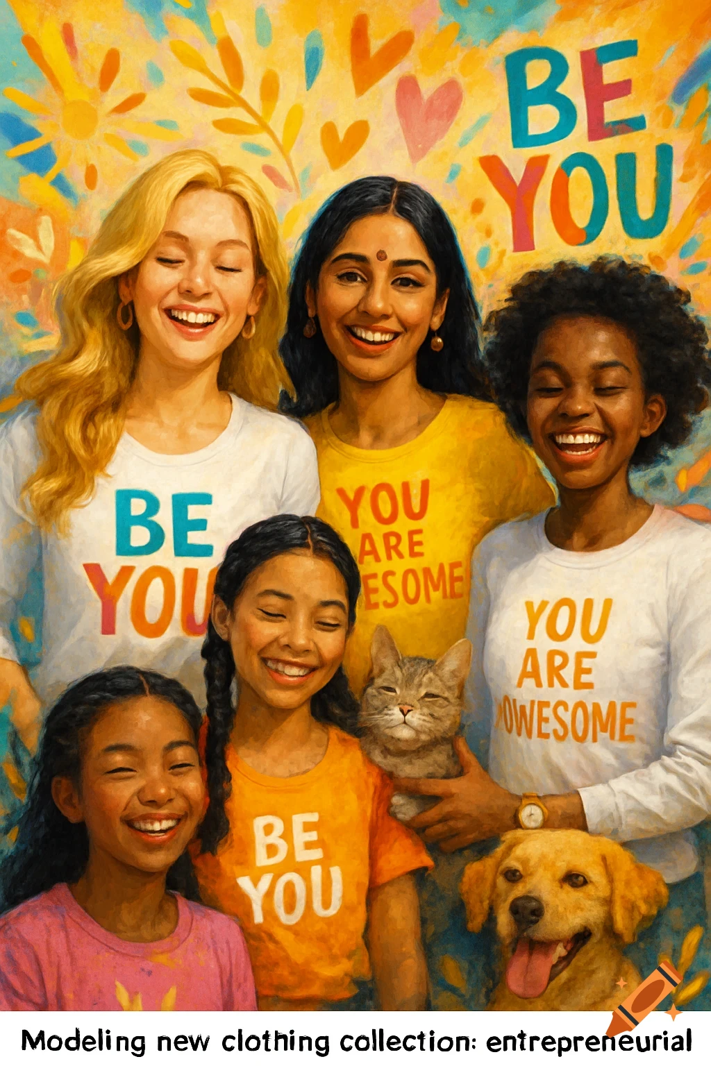 A diverse group of smiling women and girls in colorful motivational t-shirts with a cat and dog, against a vibrant, painterly background.