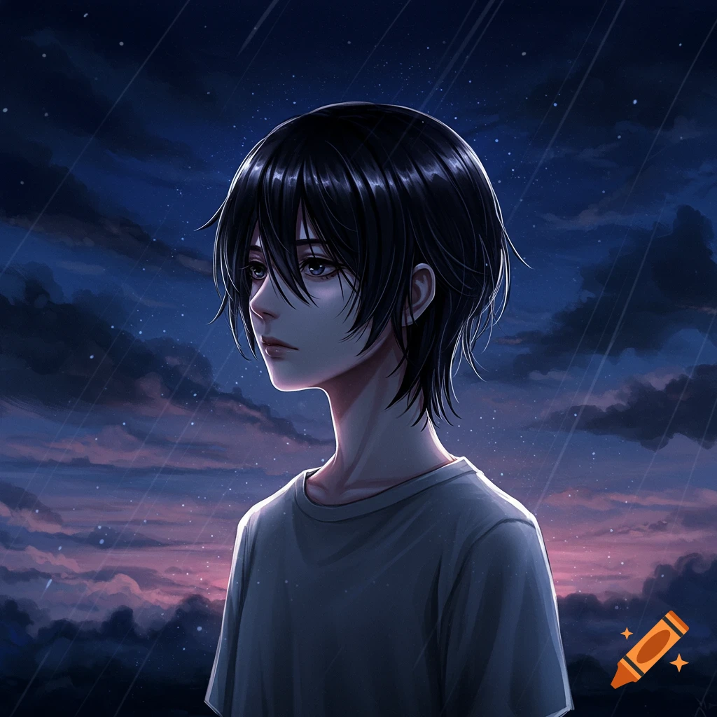 An anime boy with black hair gazes left in the rain against a dramatic purple and blue cloudy sky.