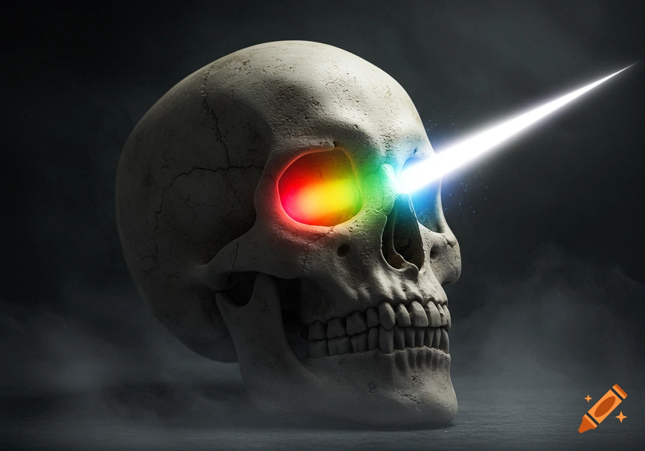 A dirty white human skull with a rainbow glow in its left eye socket and a bright white light beam shooting from its right eye in a smoky, dark setting.