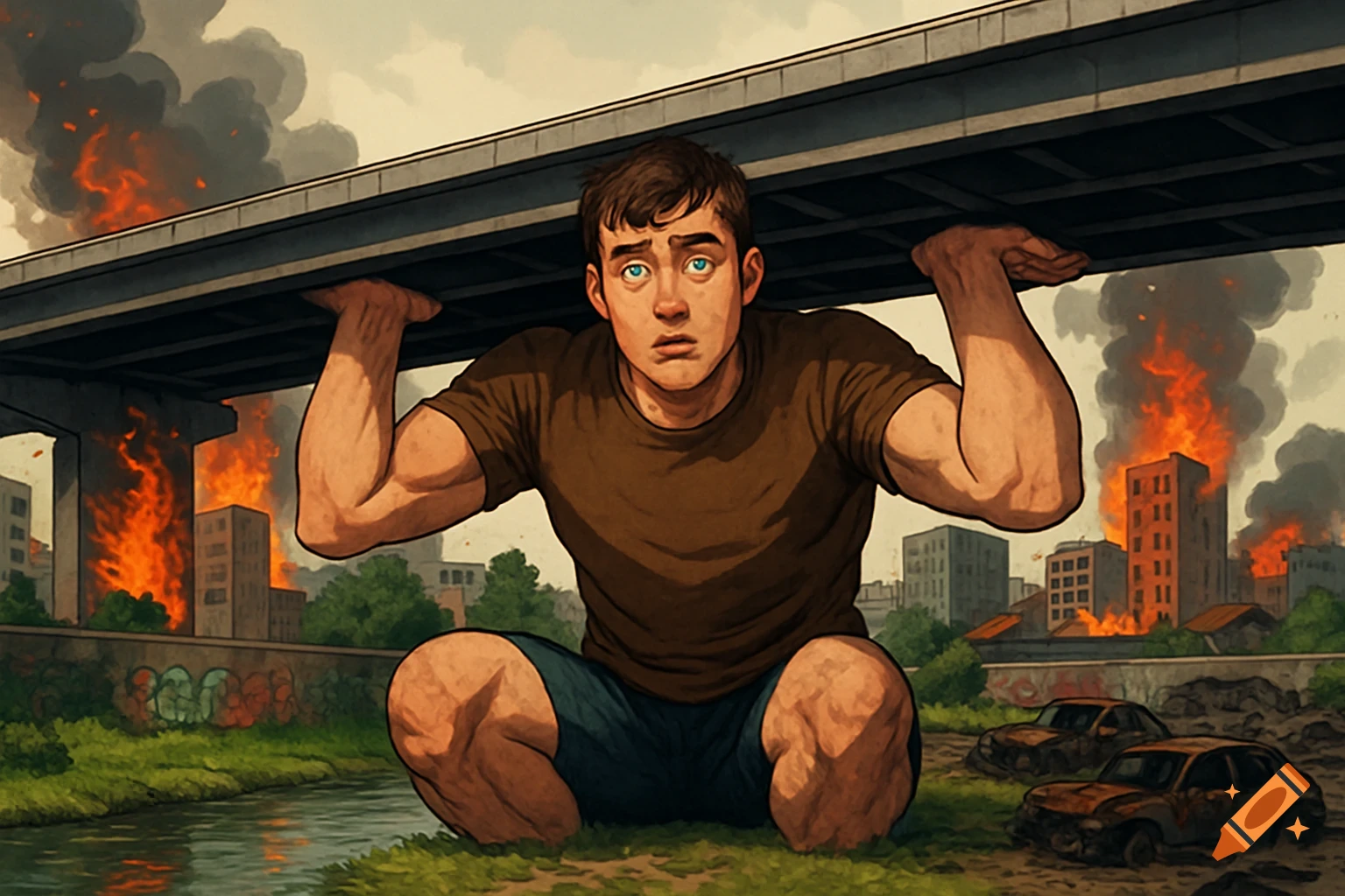 Illustration of a colossal young man holding up a road bridge, looking confused, while a city burns in the background with destroyed cars and a river flowing below.