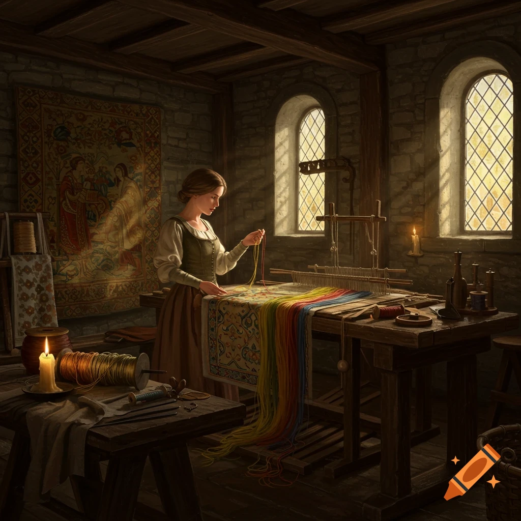 A woman in a medieval workshop weaves a colorful silk tapestry by candlelight, with light streaming through arched windows.